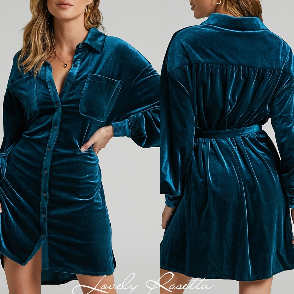 Velvet Button-Down Dress in Brown - Picture 6 of 7